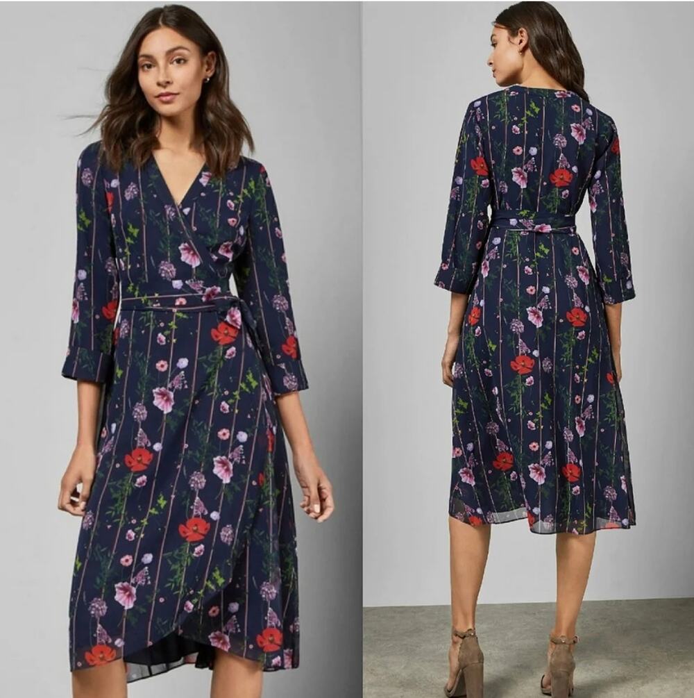 Ted Baker Elowisa Hedgerow Floral Printed Wrap Dress V Neckline Size 2 or US 6